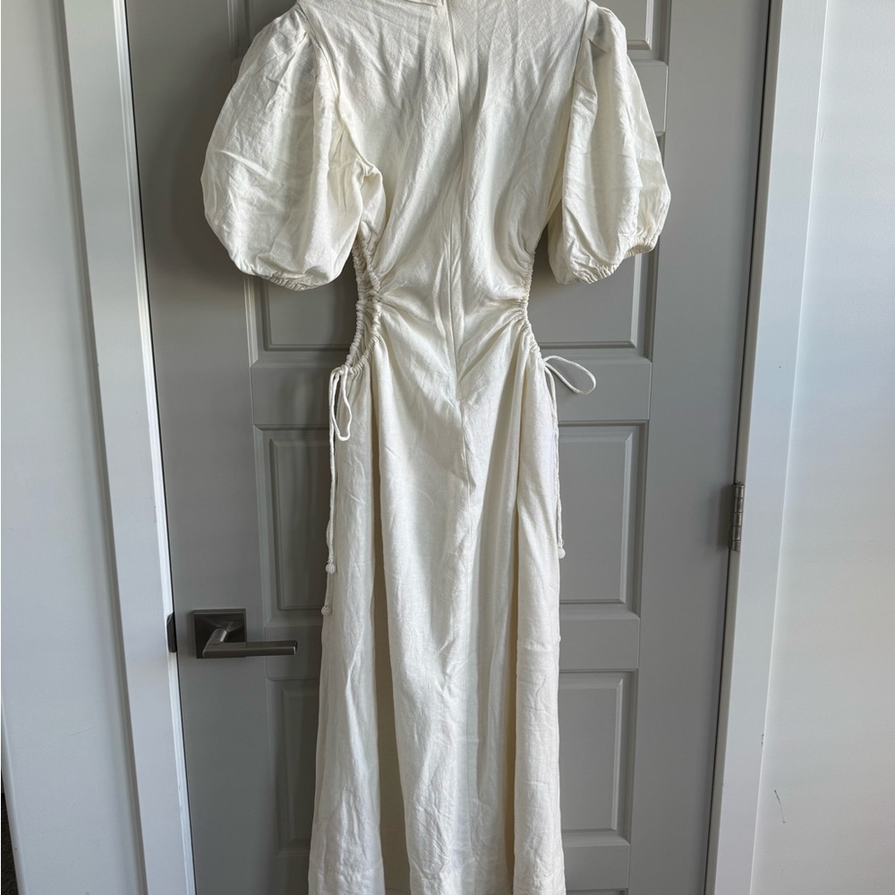 FARM Rio Off-White Cut-Out Midi Dress Puff Sleeve Beaded Tassels Size Medium - Picture 2 of 4